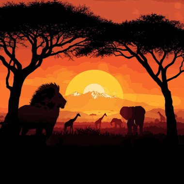 Canlı bir Afrika savanası. Siluetli akasya ağaçları, bir aslan, fil ve zürafalar. Güneş büyük, parıldayan bir küre..