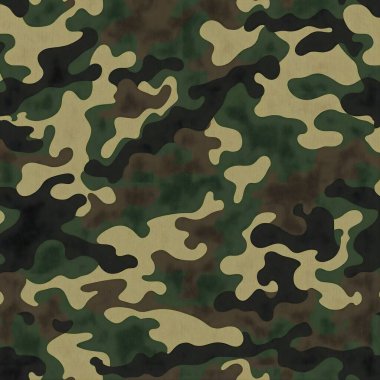 Kamuflaj için tasarlanmış yeşil, kahverengi ve bronzlaşmış düzensiz şekillerin tekrarlanan bir deseni..