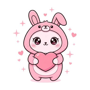 Pembe kostümlü sevimli bir kawai tavşanı, parlak aksanlı ve kalpli pembe bir kalp taşıyor..