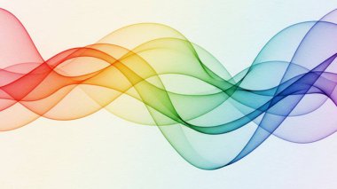 A vibrant, translucent wave pattern in rainbow colors flows dynamically across a soft, gradient background.