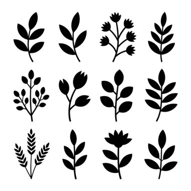 Beyaz bir zemin üzerine yerleştirilmiş bitki ve bitki siluetlerinden oluşan bir koleksiyon. Sette dallar, yapraklar, tomurcuklar ve saplar da dahil olmak üzere basit siyah çiçek ve yaprak simgeleri yer alıyor. Logolar, dekoratif unsurlar ve çıkartmalar için mükemmel.,