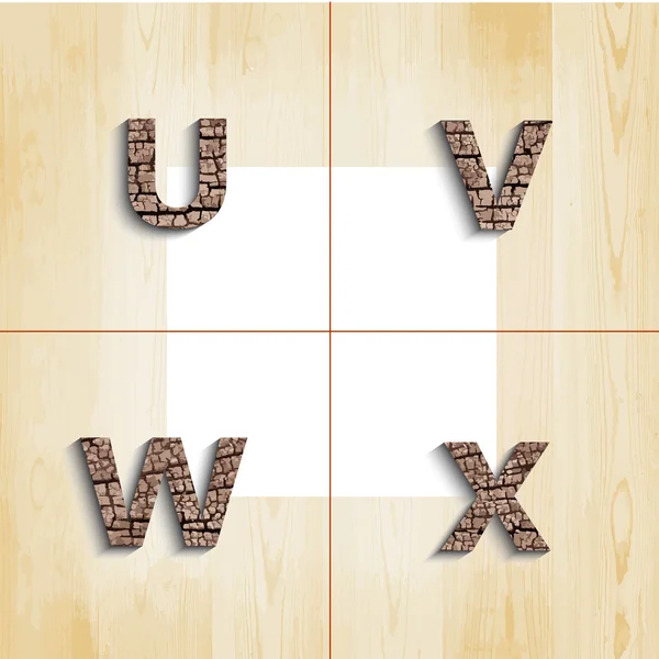 U V W X wooden font with shadow on wood boards background. — Stock Vector