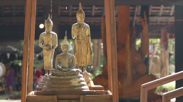 Buddha szobor a vízcsepp, Thai templom háttér. — Stock videók