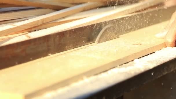 Charpentier utiliser table circulaire scie électrique coupe du bois dans l'atelier .