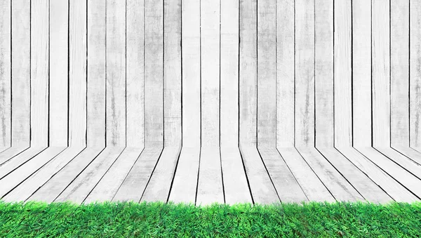 녹색 잔디, 흰색 바닥 및 벽 나무 패턴 배경. — 스톡 사진