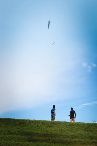 两个男孩子在草地上放风筝 青天灿烂 — 图库照片