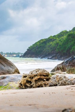 Güzel sahil manzarası, dağın dikey görüntüsü ve kara bulutlar, mercanlar, altın kumlar ve kıyıdaki kaya oluşumu..