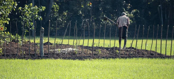 Vesnický Farmář Zahradním Rýčem Orá Půdu — Stock fotografie