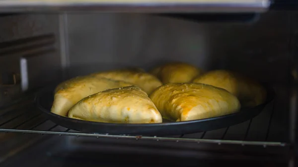 Beim Backen Der Fischbrötchen Elektrobackofen Kommt Man Von Innen Nah — Stockfoto