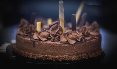 Çikolatalı pasta. Buzlu çiçekler ve çikolata parçalarını malzeme olarak kullanmak. Lezzetli yuvarlak kremalı doğum günü pastası tasarımı yan görüşü kapatıyor. Unutulmaz bir olay için ev yapımı lezzetli yemekler..