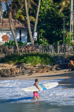 Ahangama, Sri Lanka - 02: 14: 2025: Açık pembe şort giyen bir erkek sörften iniyor ve beyaz bir sörf tahtası ile sahile doğru gidiyor.