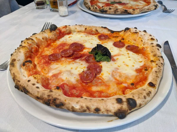 Geleneksel İtalyan ahşabı fırında baharatlı sosisli pepperoni pizza (pizza alla diavola))