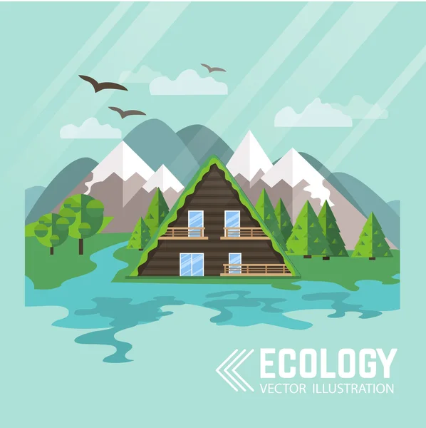 Ecologia casa de madeira e natureza — Vetor de Stock