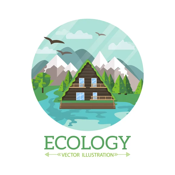 Ecology wooden house and nature — Stock Illustration Ecology wooden house and nature Royalty Free Stock Illustrations