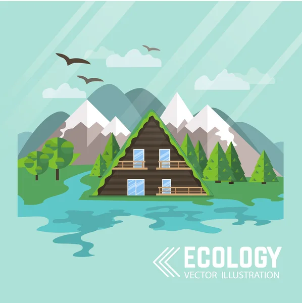 Ecology wooden house and nature — Stock Illustration Ecology wooden house and nature Stock Illustration