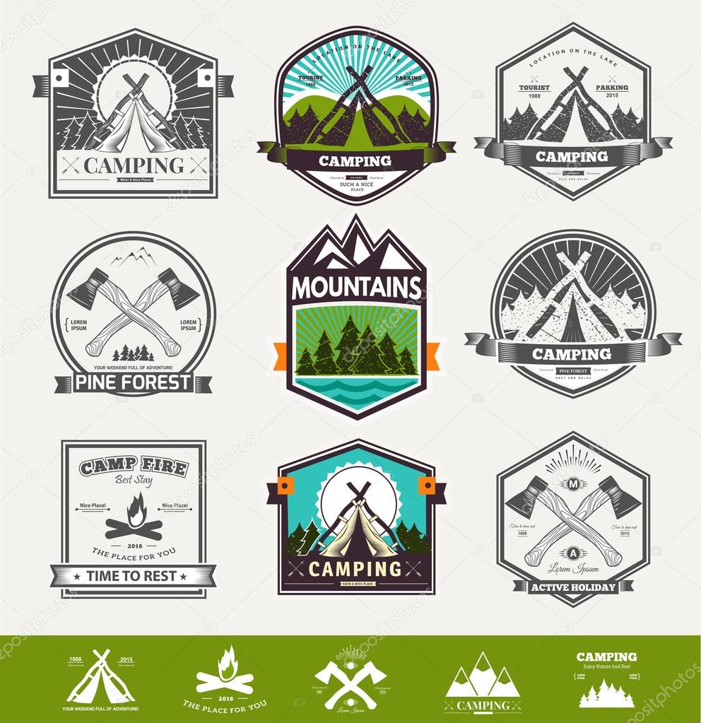 Retro vector vintage camp label and logo graphics. Camping outdoor, adventure and explorer. Simple and nice design. Travel and Exploration the world. Camping  icons