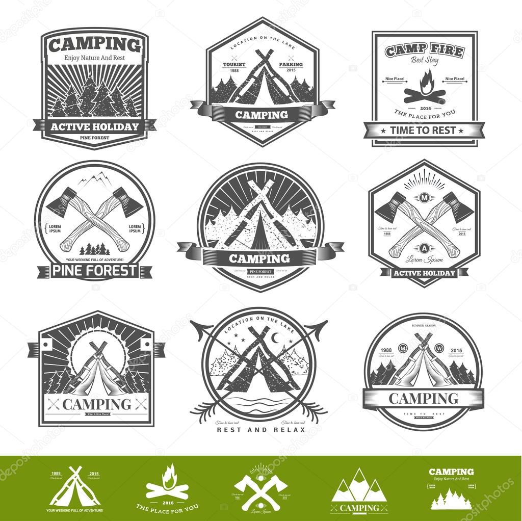 Retro vector vintage camp label and logo graphics. Camping outdoor, adventure and explorer. Simple and nice design. Travel and Exploration the world. Camping  icons