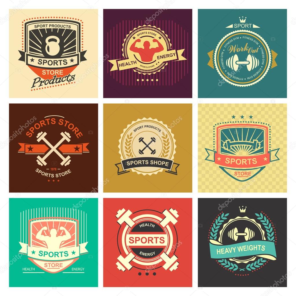 Set of various sports and fitness logo emblem graphics and icons. Shop sport products