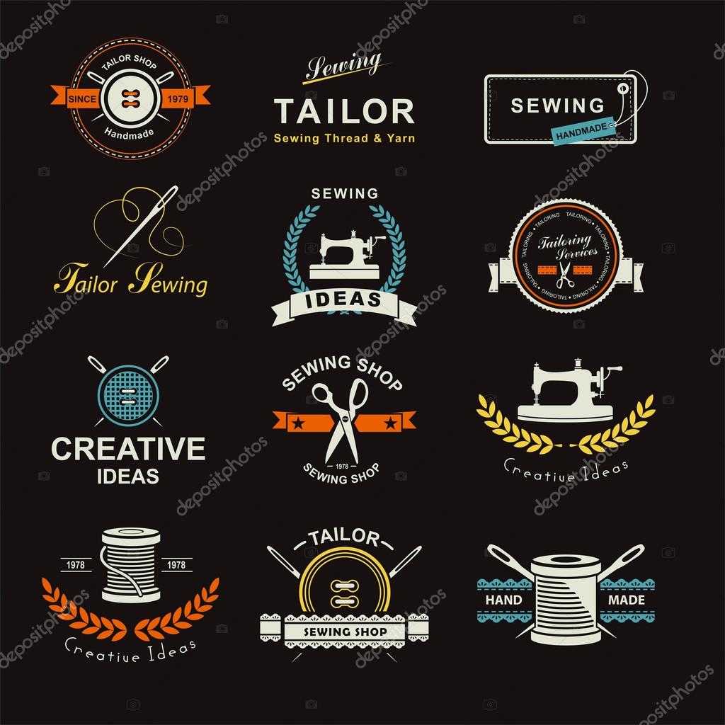 Set of tailor labels, emblems and design elements. Tailor shop. Logo