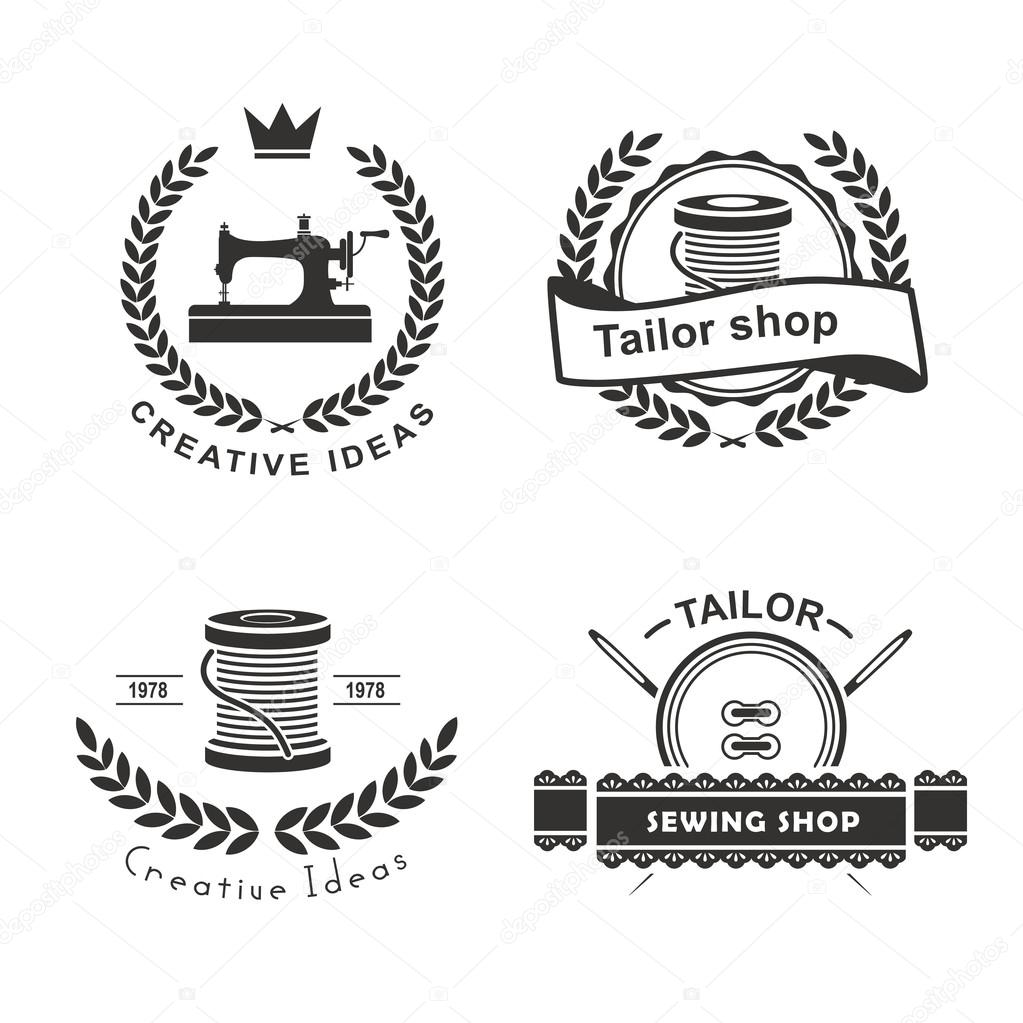 Set of tailor labels, emblems and design elements. Tailor shop. Logo