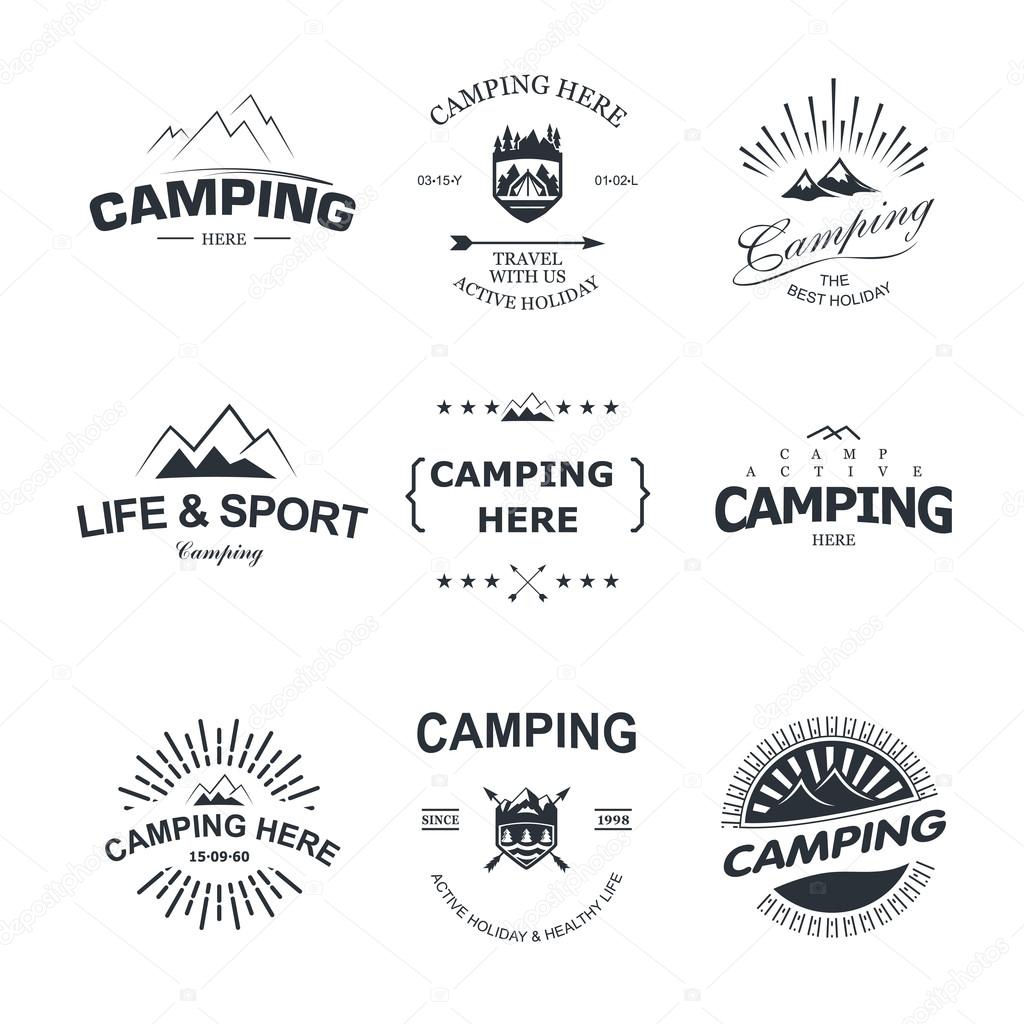 Set of retro badges and label logo graphics. Camping badges and travel logo emblems