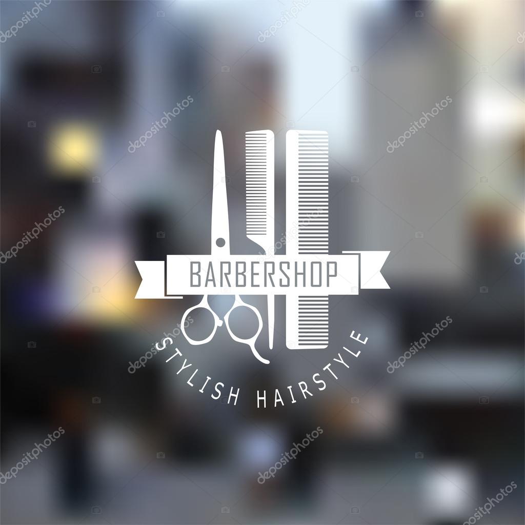 Barber shop icon emblem label or logo on blurred background