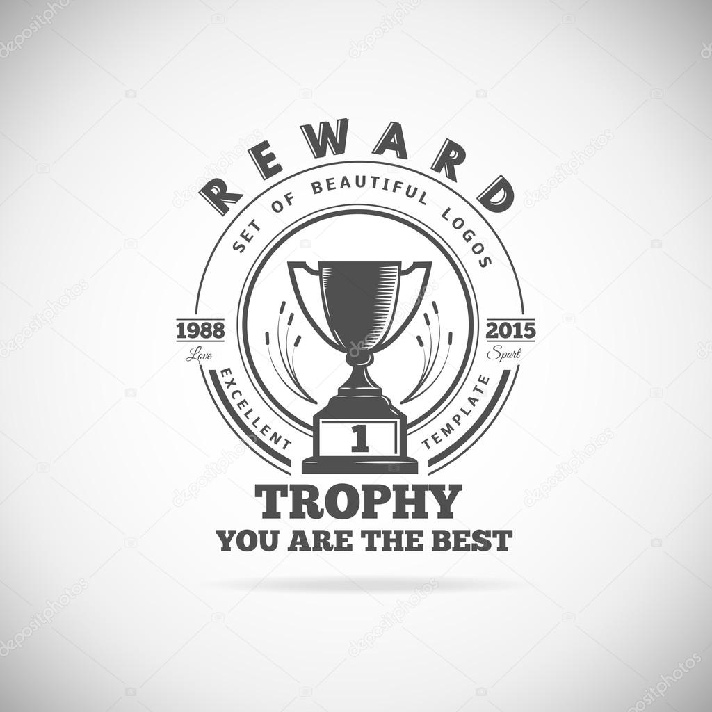 Set of vector winner logos, badges, emblems and design elements. Black icons Victory trophies and awards
