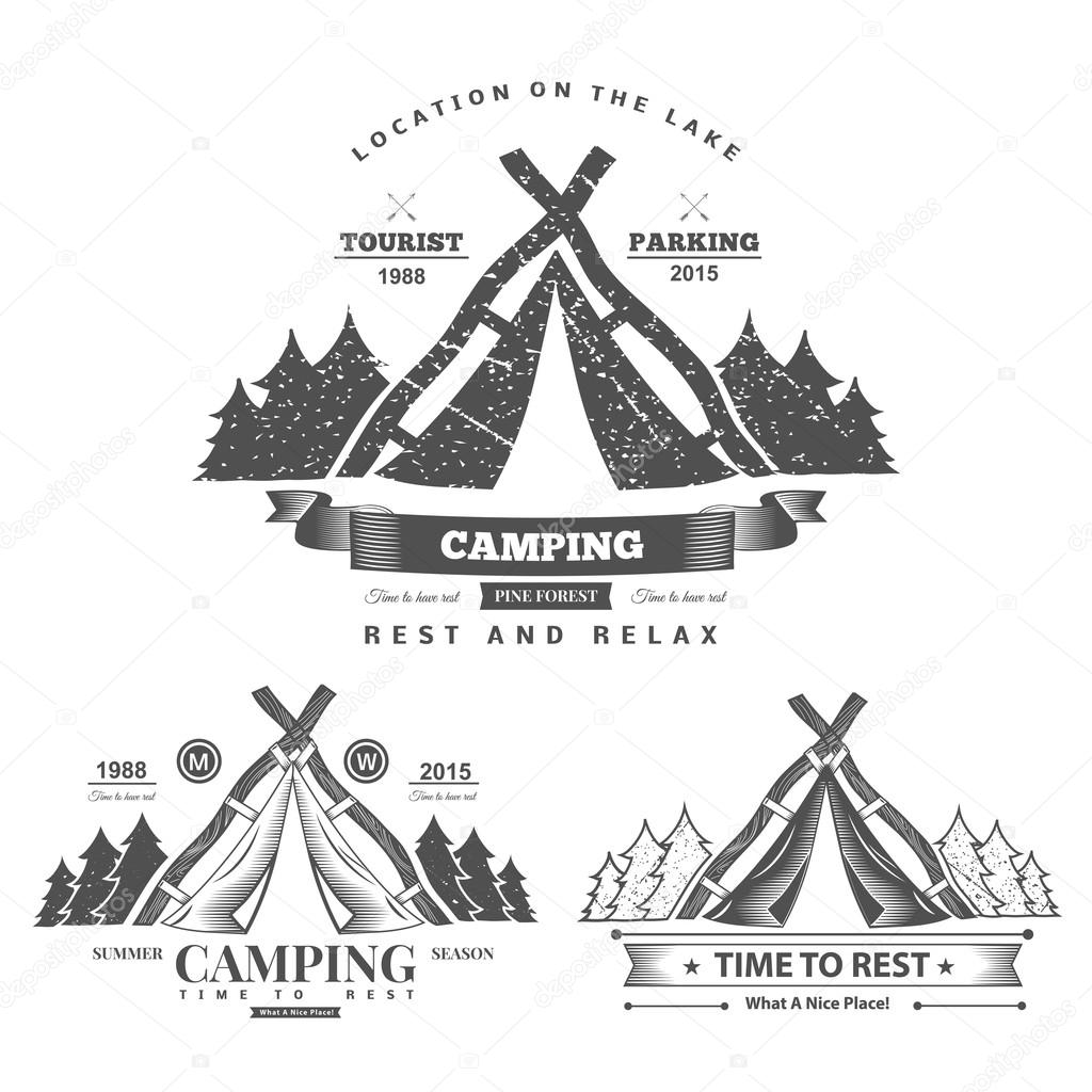 Retro vector vintage camp label and logo graphics. Camping outdoor, adventure and explorer