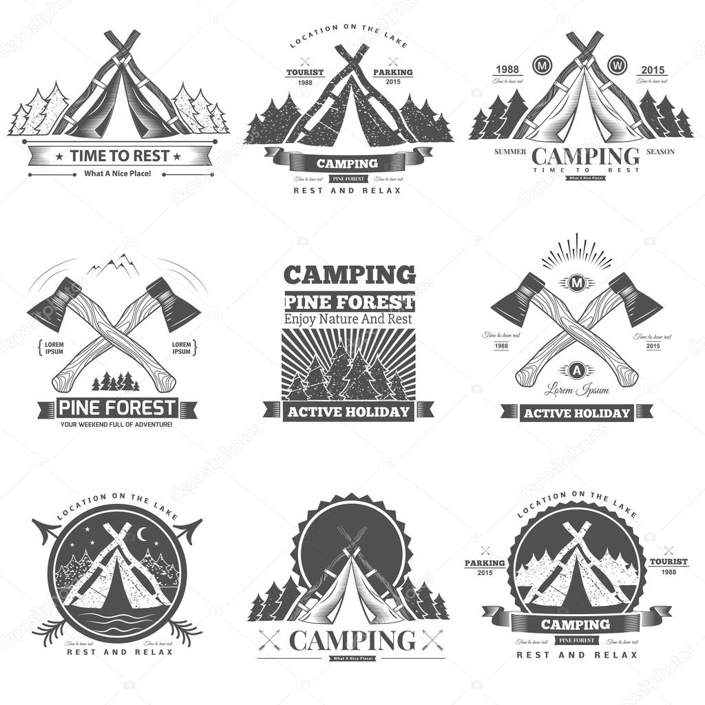 Retro vector vintage camp label and logo graphics. Camping outdoor, adventure and explorer