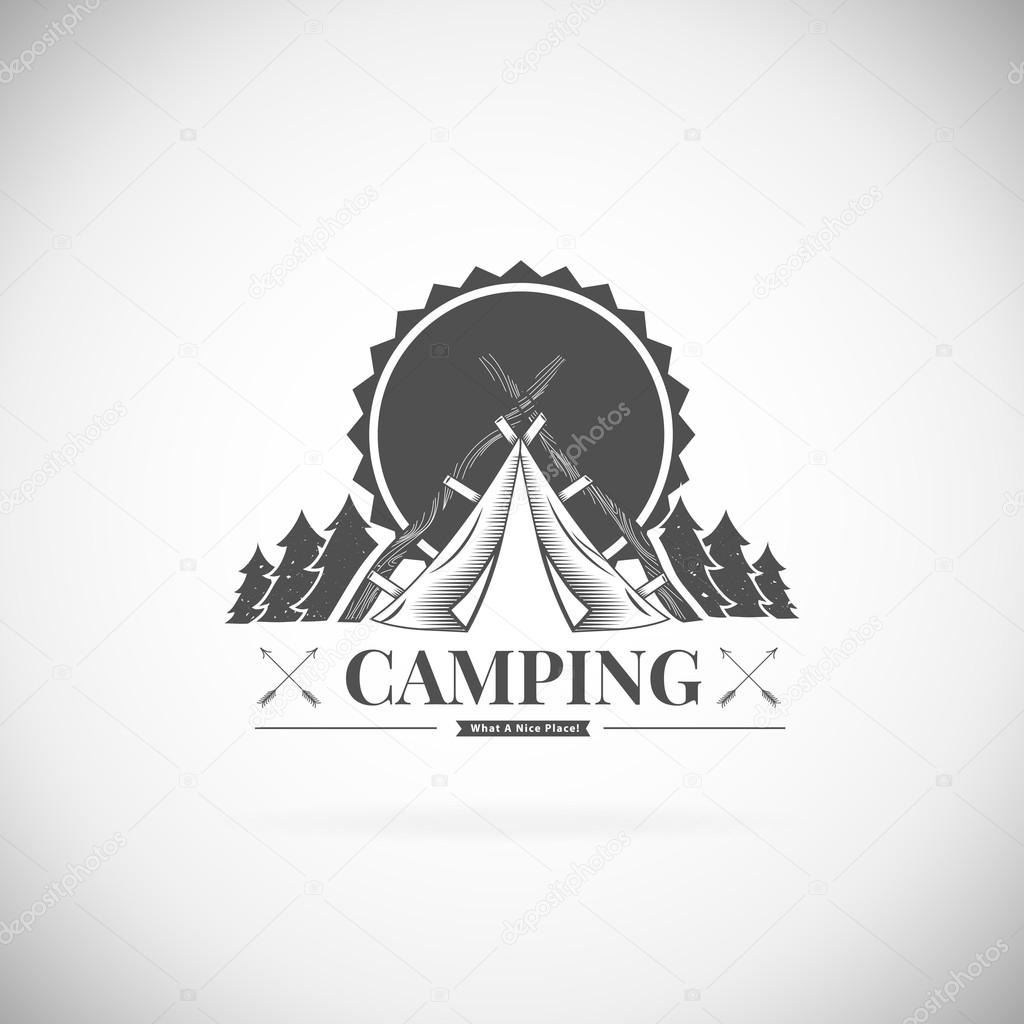 Retro vector vintage camp label and logo graphics. Camping outdoor, adventure and explorer