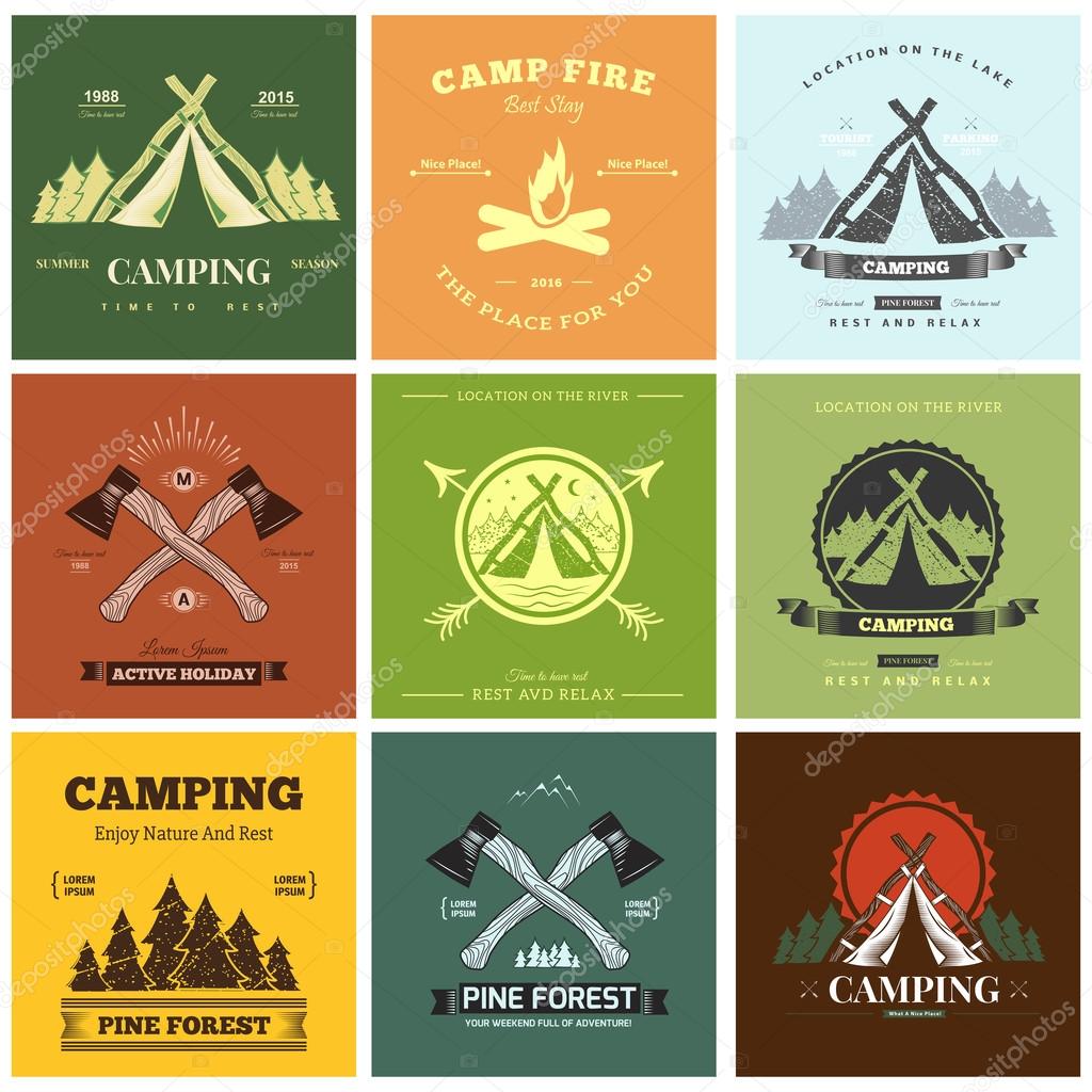 Retro vector vintage camp label and logo graphics. Camping outdoor, adventure and explorer