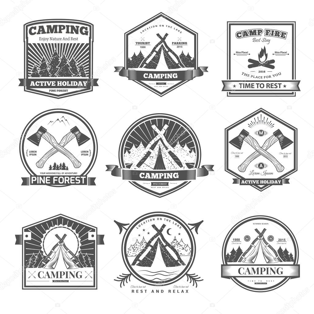 Retro vector vintage camp label and logo graphics. Camping outdoor, adventure and explorer