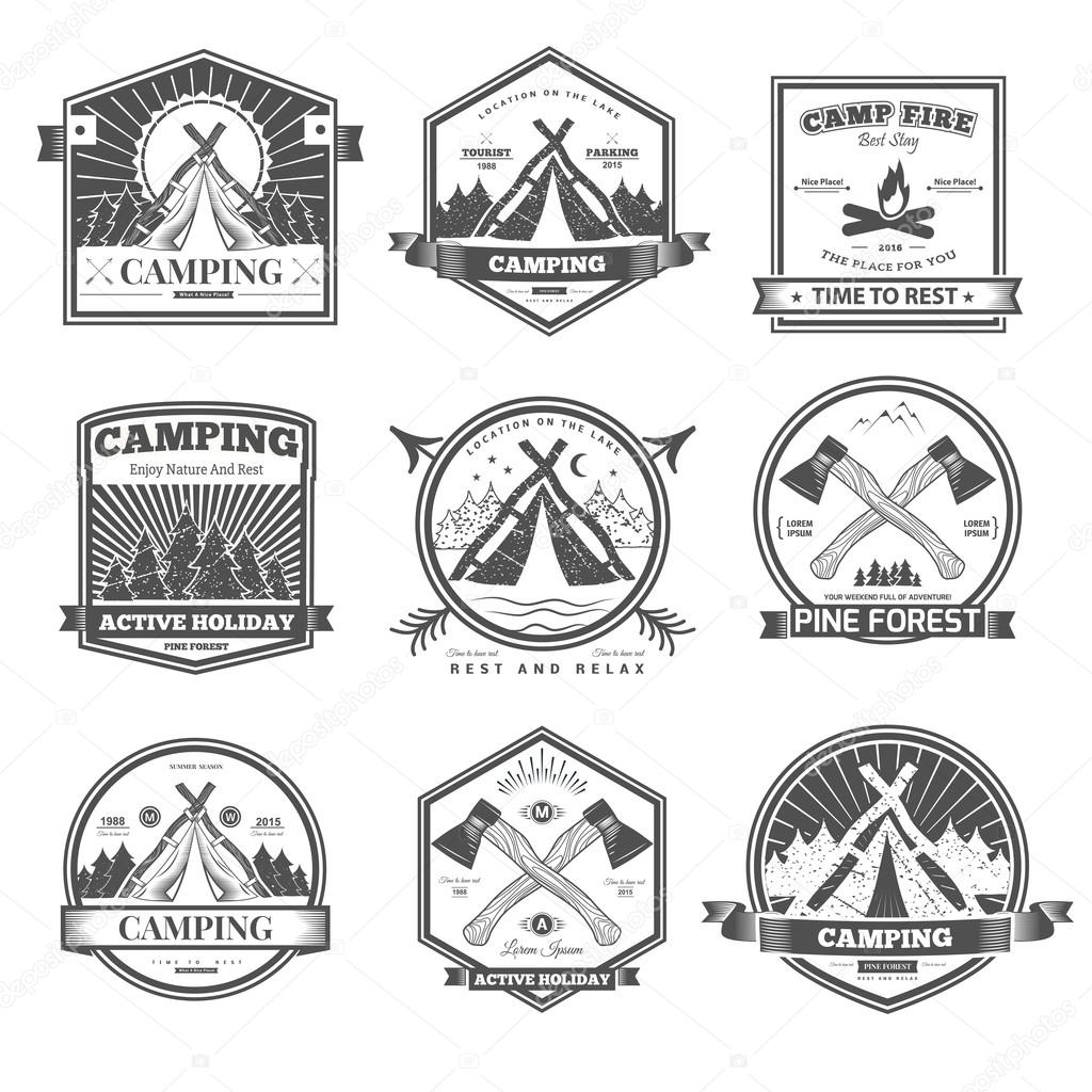 Retro vector vintage camp label and logo graphics. Camping outdoor, adventure and explorer