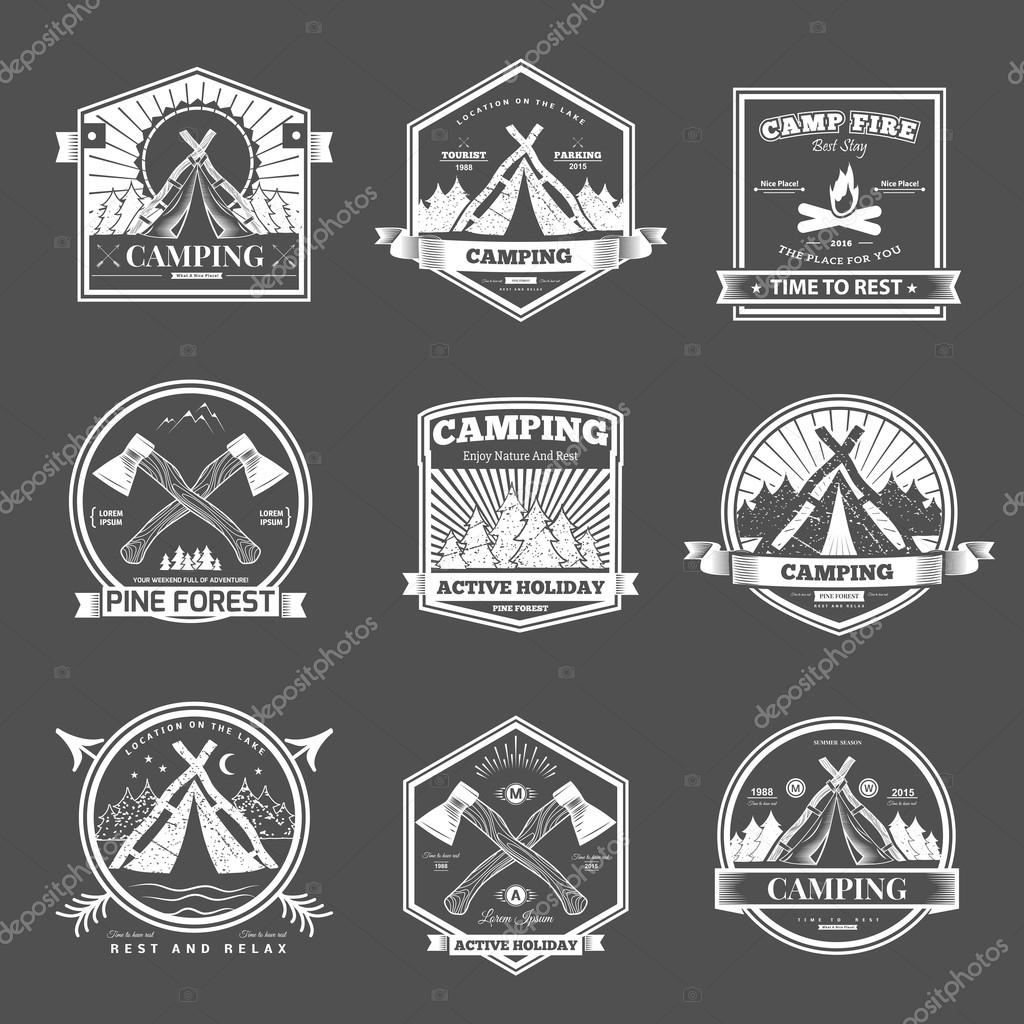 Retro vector vintage camp label and logo graphics. Camping outdoor, adventure and explorer