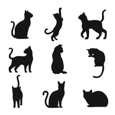 Beyaz arka planda izole edilmiş siyah kedi silueti. Tasarım dekoru için vektör illüstrasyon şablonu.