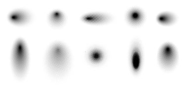 Yarım ton eğimli vektör dokuları. Yarım tonlu noktalar dizisi. Beyaz arkaplanda daire siluetlerinde noktalı noktalar.