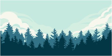 Ormanlar ve dağlarla panoramik vektör çizimi. Ağaçların ve tepelerin siluetleri. Macera ve Seyahat.