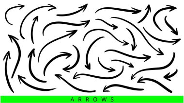 Eğri okları yerleştir. Koleksiyon hattı işaretleyici oklar farklı yönlerde. Kıvrımlı ve dalgalı fırça. Vektör illüstrasyonu.