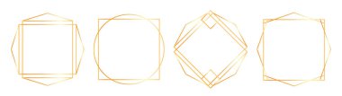 Altın ince çerçeve ayarlandı. Altın vektör, lüks minimalist koleksiyonla sınırdır. Geometrik pankartlar dekoratif doğrusal dikdörtgenler.