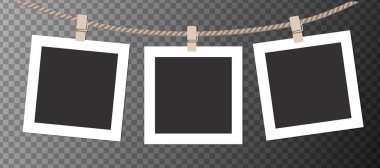 Beyaz arkaplan vektör illüstrasyonunda izole edilmiş halata asılı gerçekçi retro resim çerçeveleri. Boş kağıdın vektör illüstrasyonu.