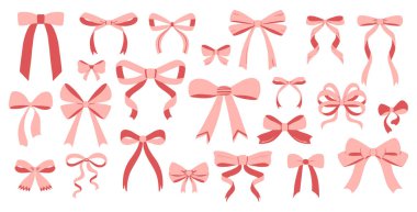 Pembe, kırmızı ve beyaz kurdeleler, hediye kurdeleleri. El yazısı, el çizimi kurdele, kravat, kurdele ve saç fiyonkları. Kartlar ve ambalaj için düz biçim ideal