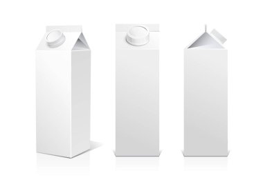 Vector white 3D blank paperboard box food packaging. Vector mock-up milk or juice carton set. Gable top and brick shaped carton packs. Cardboard container side and front