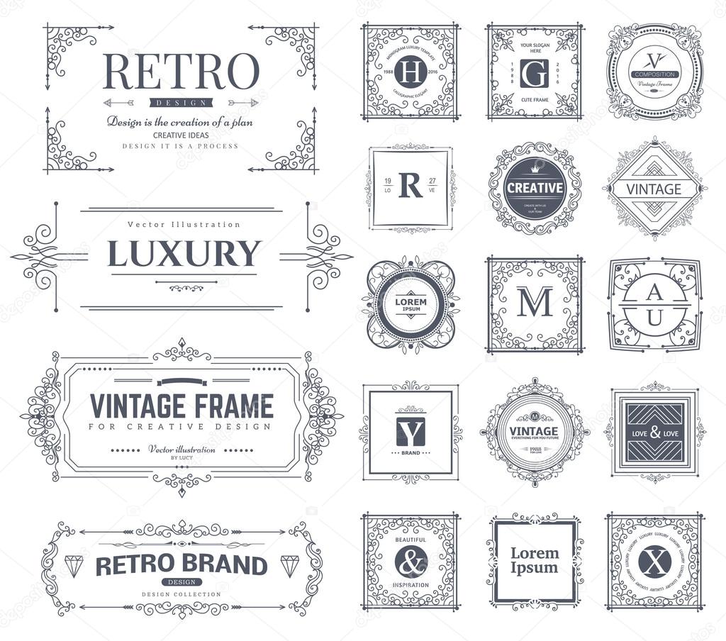 Collection of vintage flourishes calligraphic ornaments and frames. Retro style of design elements, decorations for postcard, banners, logos. Vector template