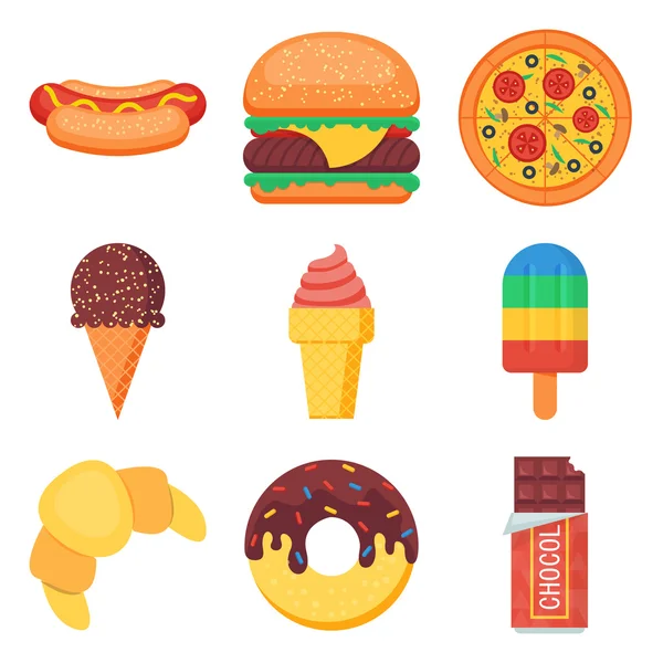 Fast food and sweets flat icons set — Stock Vector
