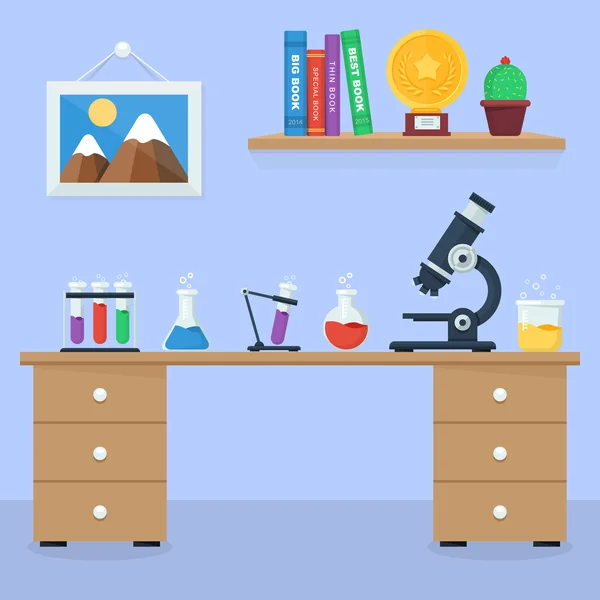 Espacio de trabajo de laboratorio y concepto de lugar de trabajo . — Vector de stock