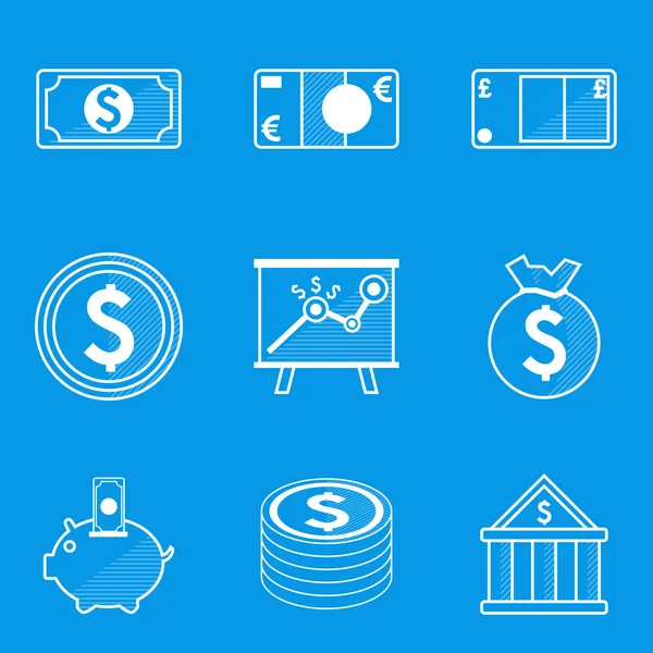 Blueprint icon set. Money — Stock Vector