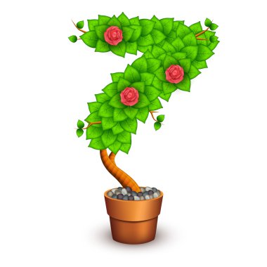 İzole ağaç çiçeklerle toprak kap. 7 numaralı şeklinde