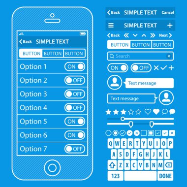 Kullanıcı arabirimi öğeleri blueprint tasarım vektör kiti basit hareket eden telefon, düğmeler, formlar, windows ve diğer arabirim öğeleri ile modaya uygun renkte. Ayarları ekranı