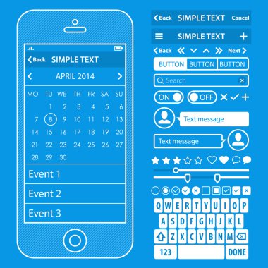 Kullanıcı arabirimi öğeleri blueprint tasarım vektör kiti basit hareket eden telefon, düğmeler, formlar, windows ve diğer arabirim öğeleri ile modaya uygun renkte. Takvim ekranlar