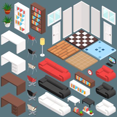 İzometrik Office planlama. 3D vektör oluşturma kiti